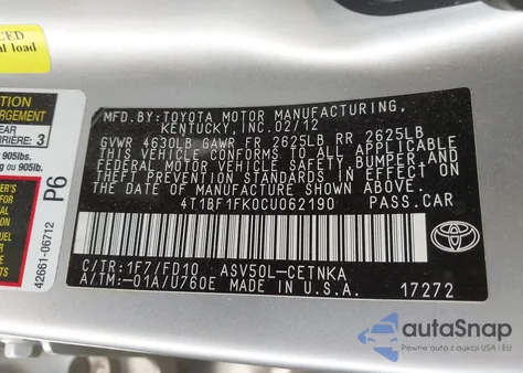 2012 Toyota Camry Le from USA, damaged, VIN 4T1BF1FK0CU062190